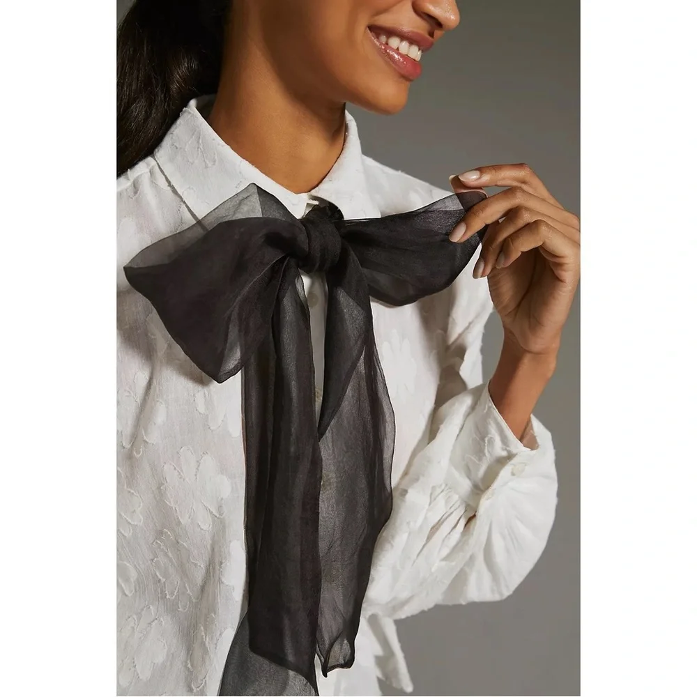 Anthropologie Forever That Girl Tie-Neck Long Sleeve Blouse in White & Black - Picture 3 of 11